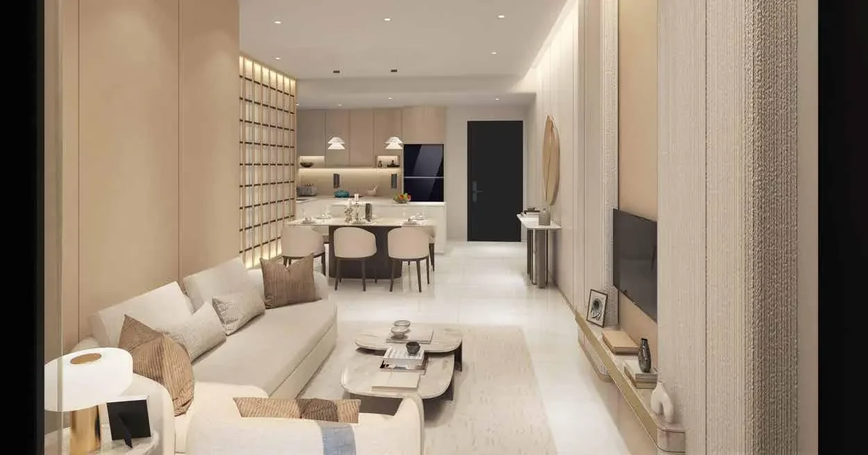 Type A living room at Aras Residences with balcony access and warm timber finishes