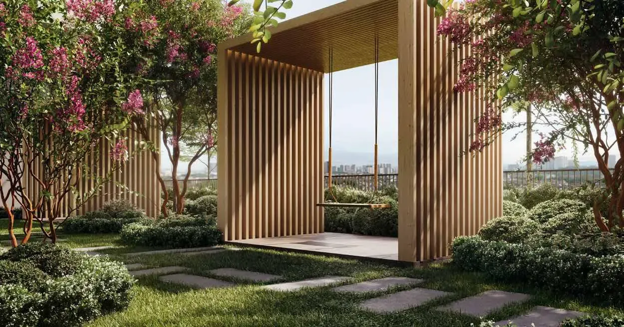 Hanami flower path at Aras Residences, a landscaped walkway lined with blossom trees