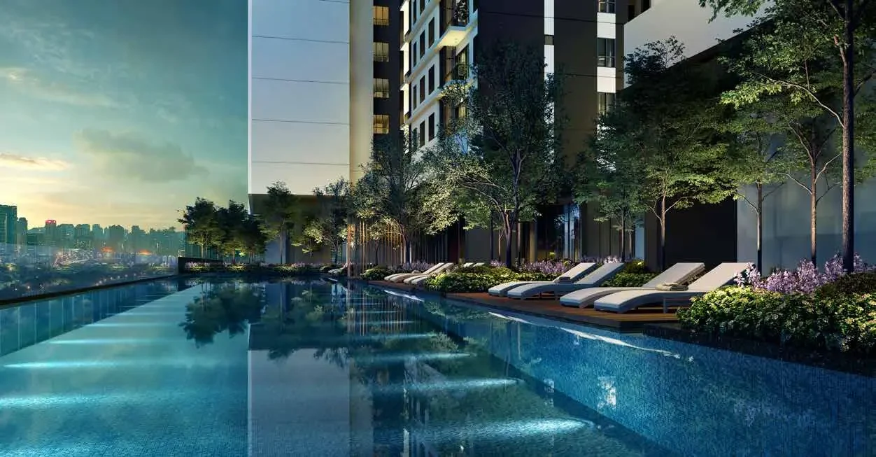 50 metre lap pool at Aras Residences flanked by planting and cabanas
