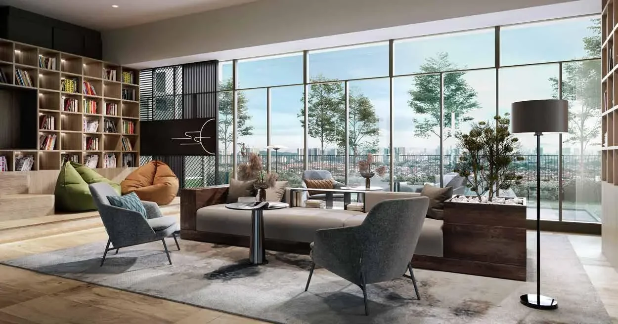 Reading room at Aras Residences with built-in shelving and garden views
