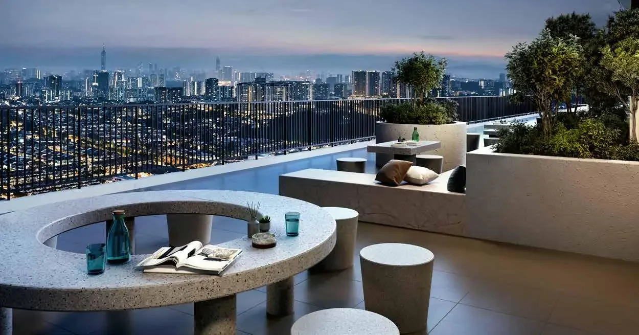 Sky terrace at Aras Residences overlooking the Kuala Lumpur skyline