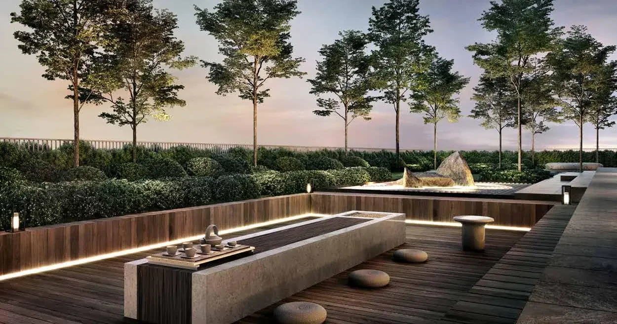 Tea terrace pavilion at Aras Residences surrounded by planting